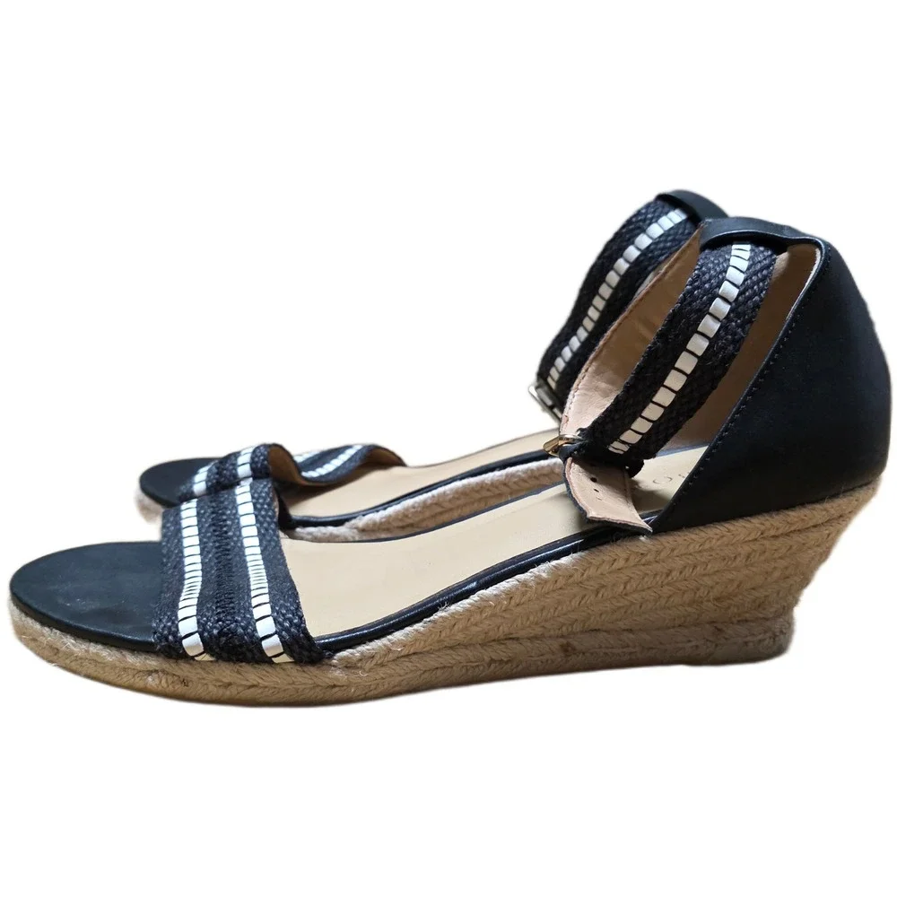 Talbots‎ Espadrille Wedge Sandals Women's Size 11 Black Beige Ankle Strap